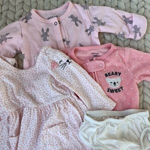 Lot of 3 baby outfits size 3 month — pink kitty bear and bunny onesies and dress